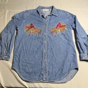 Embroidered Jean Shacket Large Bird Fall Mountain Cabin Mom Cardinals Nature